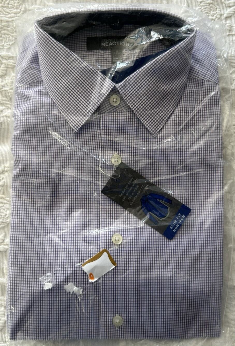 NWT Kenneth Cole Reaction Purple Gingham Slim Fit Shirt size M (15-15.5) 34-35